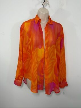 Vintage Sheer Button-Front Blouse size medium long sleeve orange pink oversized